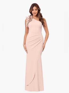 XSCAPE PETITE "IVY" ONE SHOULDER RUFFLE SCUBA CREPE DRESS Blush Evening Gown